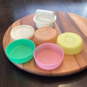 Vintage Tupperware Hamburger Patty Press and 4 multi colored keepers EUC